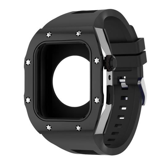 Apple Watch Case 45mm -  Black Bezel Steel Case + Black Silicone Strap (8 Screws)