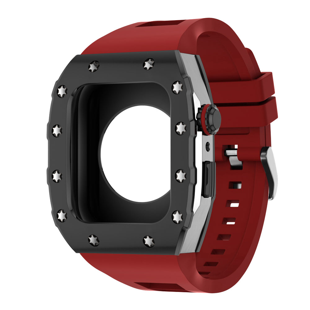 Apple Watch Case 45mm -  Black Bezel Steel Case + Red Silicone Strap (12 Screws)