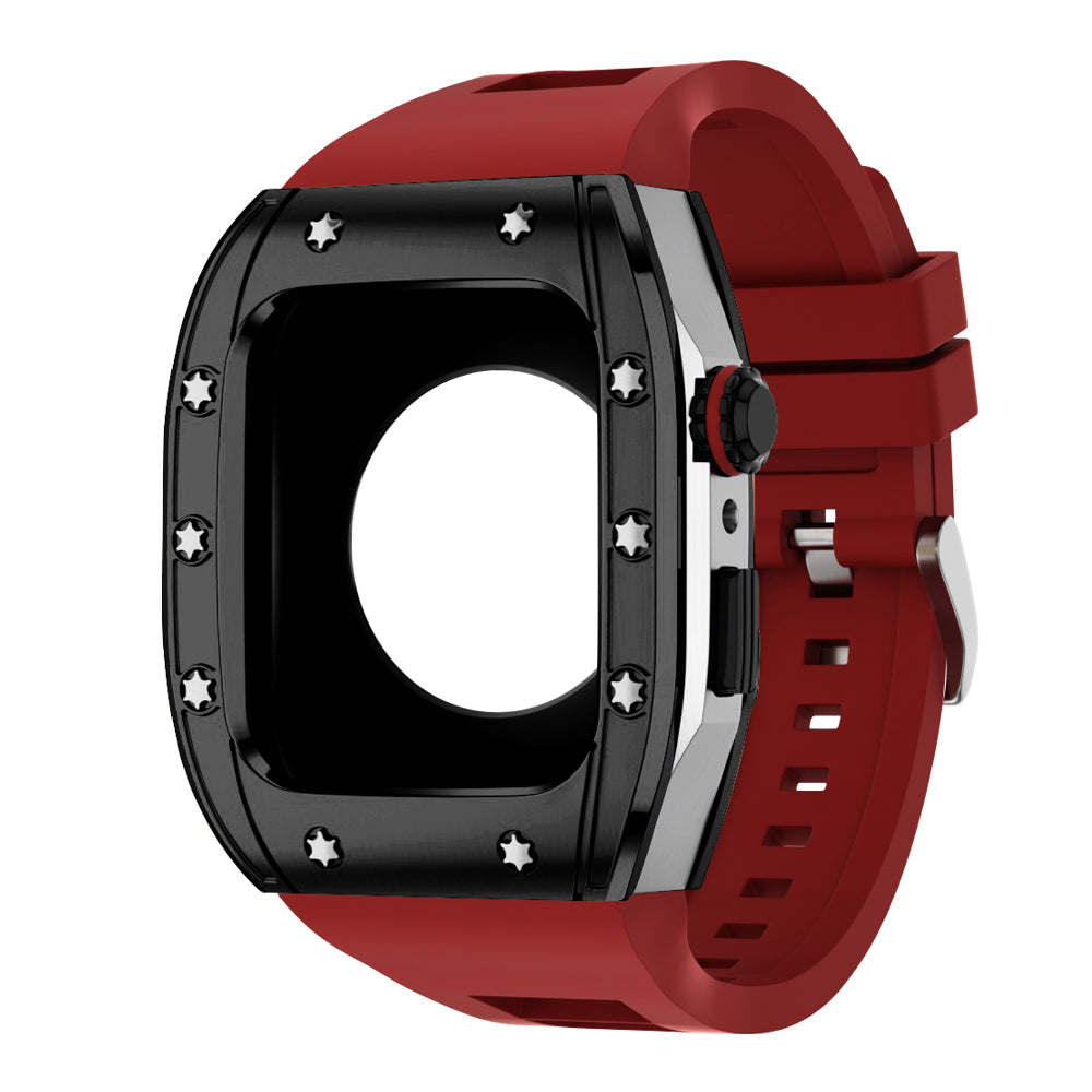 Apple Watch Case 45mm -  Black Bezel Steel Case + Red Silicone Strap (10 Screws)