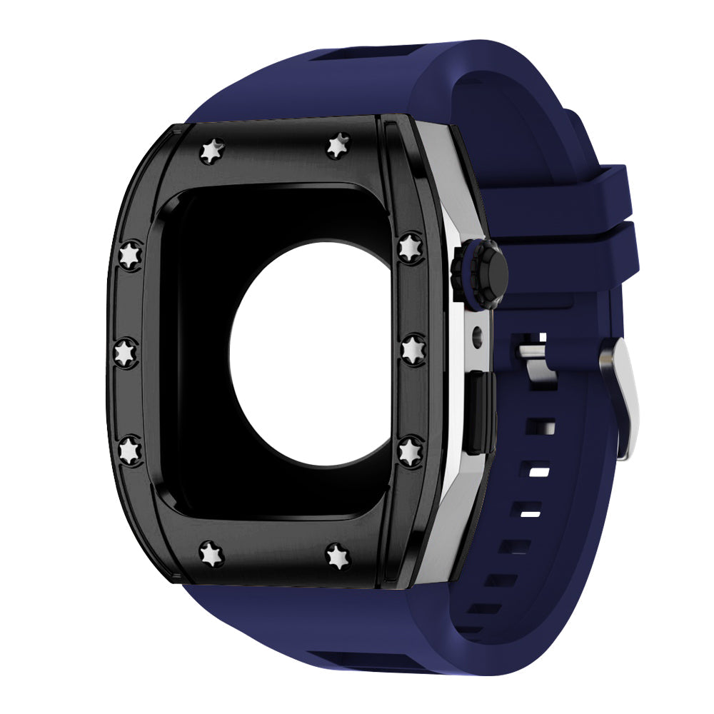 Apple Watch Case 44mm -  Black Bezel Steel Case + Blue Silicone Strap (10 Screws)