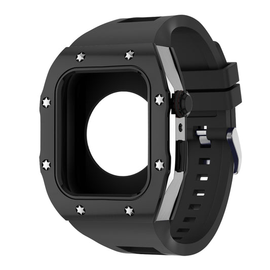 Apple Watch Case 44mm -  Black Bezel Steel Case + Black Silicone Strap (8 Screws)