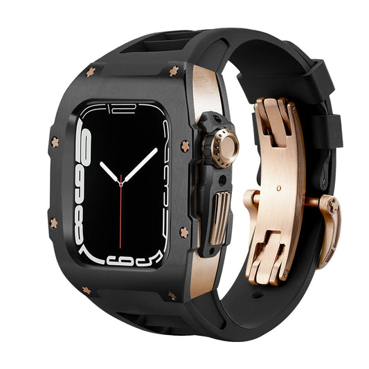 Apple Watch Case for Series 4/5/6/7/8/SE - SS RG Case Black Bezel + Black Silicone Strap