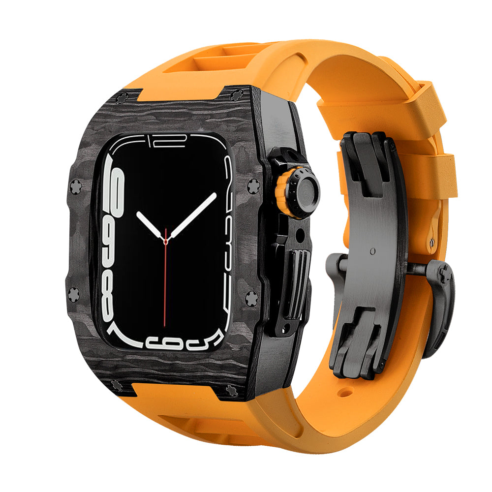 Apple Watch Case 44mm - Carbon Fiber Ti Black Case + Orange Fluoro Strap (8 Screws)
