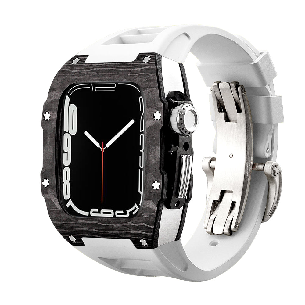 Apple Watch Case 44mm - Carbon Fiber Ti Case + White Fluoro Strap (8 Screws)