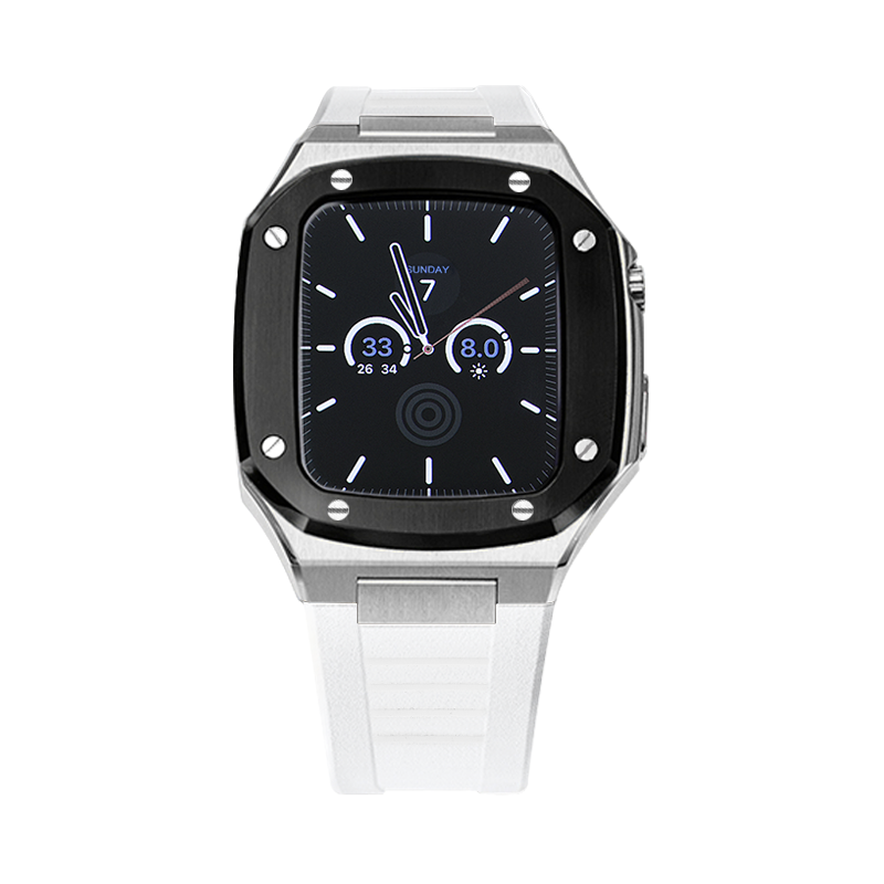 Apple Watch Case 44mm - Black Bezel Steel Case + Silicone Strap (8 Screws)