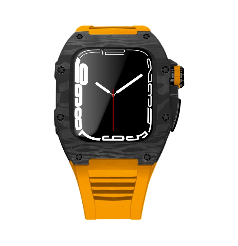 Apple Watch Case for Series 4/5/6/7/8/SE - Carbon Fiber Ti Black Case + Orange Fluoro Strap