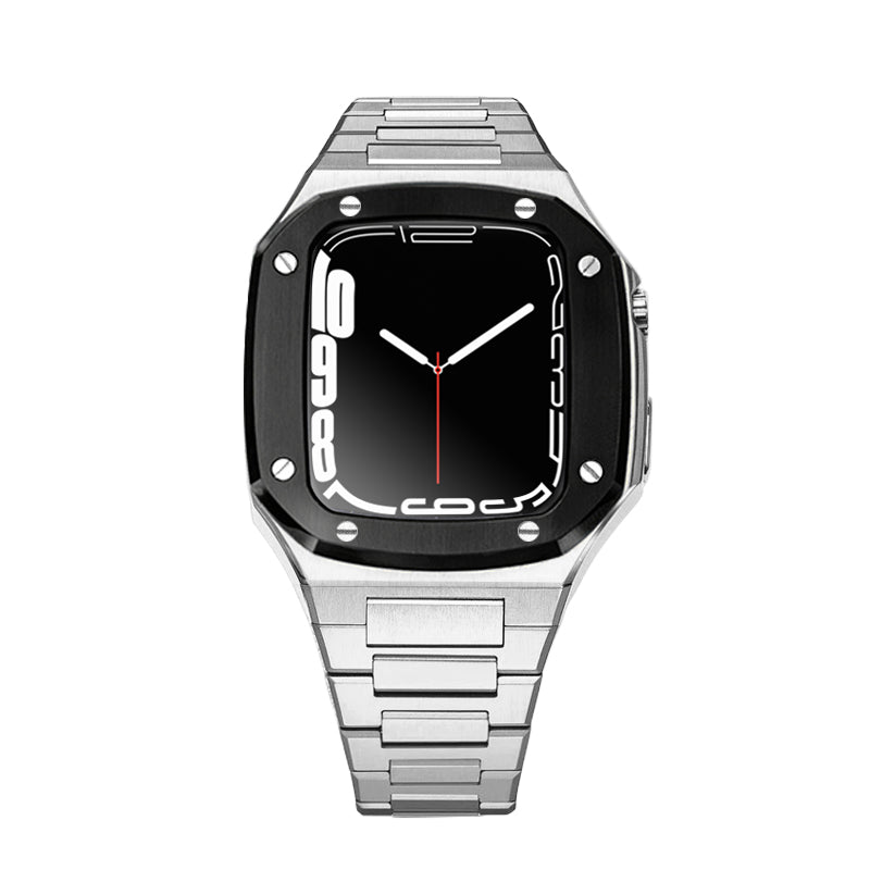 Apple Watch Case 45mm - Black Bezel Stainless Steel Case + Bracelet (8 Screws)