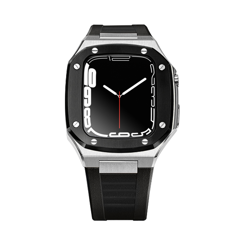 Apple Watch Case 45mm - Black Bezel Steel Case + Silicon Strap (8 Screws)
