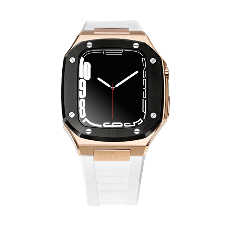 Apple Watch Case 45mm - Black Bezel Rose Gold Case + Silicon Strap (8 Screws)