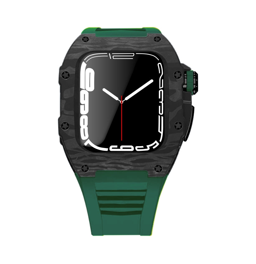 Apple Watch Case for Series 4/5/6/7/8/SE - Carbon Fiber Ti Black Case + Green Fluoro Strap