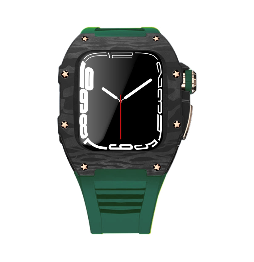 Apple Watch Case for Series 4/5/6/7/8/SE - Carbon Fiber Ti Rose Gold Case + Green Fluoro Strap