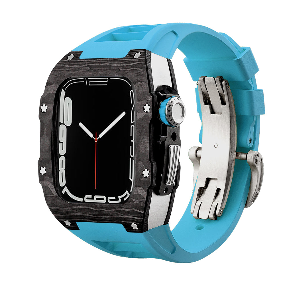 Apple Watch Case 44mm - Carbon Fiber Ti Case + Blue Fluoro Strap (8 Screws)