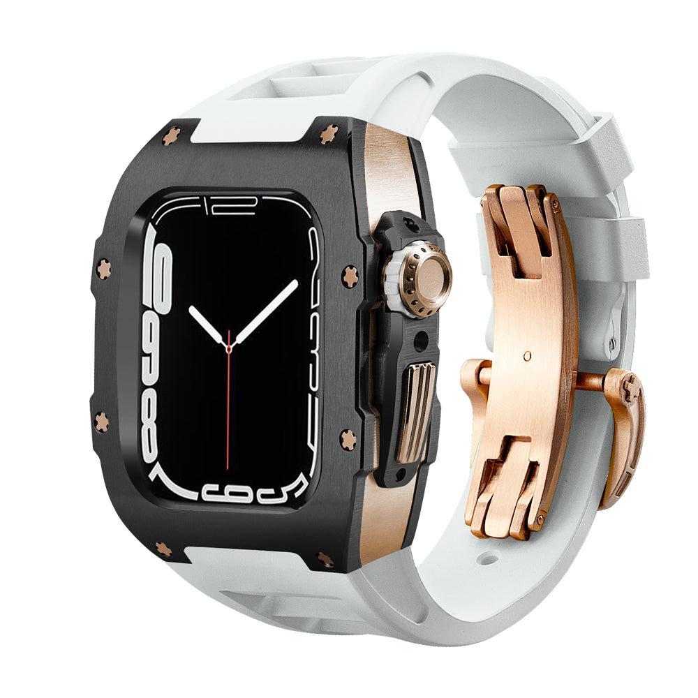 Apple Watch Case for Series 4/5/6/7/8/SE - SS Bezel Ti Rose Gold Case + White Fluoro Strap