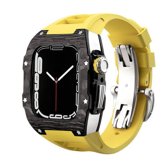 Apple Watch Case for Series 4/5/6/7/8/SE - Carbon Fiber Ti Case + Yellow Fluoro Strap