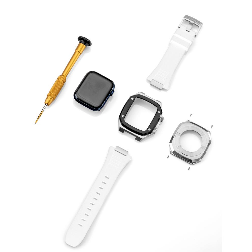 Apple Watch Case 44mm - Black Bezel Steel Case + Silicon Strap (4 Screws)