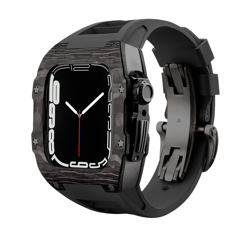 Apple Watch Case for Series 4/5/6/7/8/SE - Carbon Fiber Ti Black Case + Black Fluoro Strap