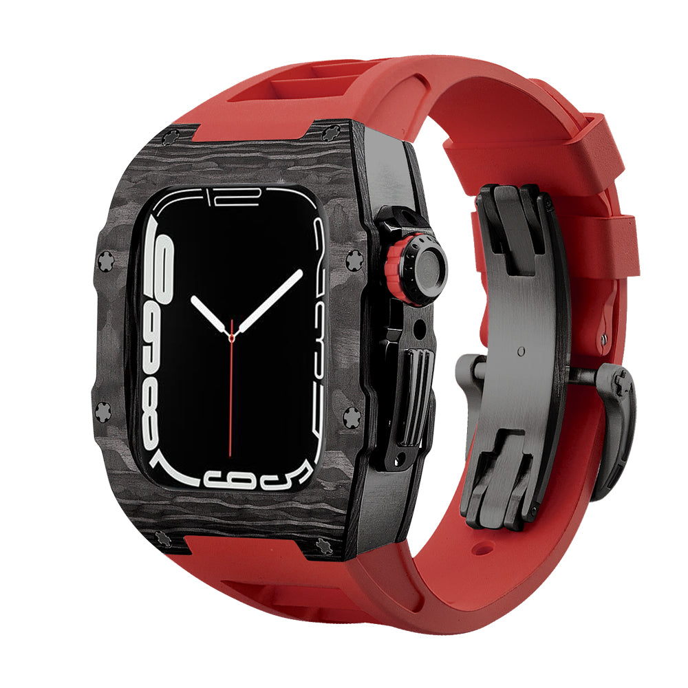 Apple Watch Case for Series 4/5/6/7/8/SE - Carbon Fiber Ti Black Case + Red Fluoro Strap