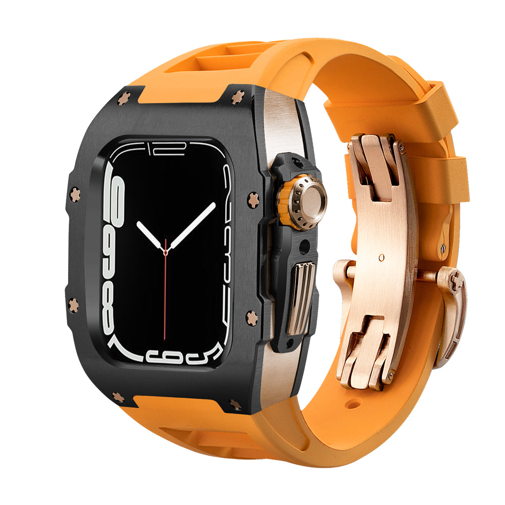 Apple Watch Case for Series 4/5/6/7/8/SE - SS RG Case Black Bezel + Orange Silicone Strap